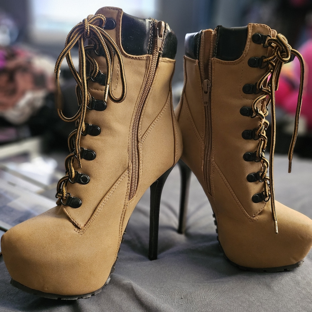 Charlotte Russe Tan Lace Up Boots with Platform Sole - Picture 2 of 5